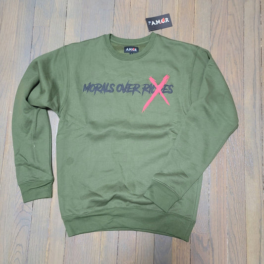 Morals Over Riches Puff Print Crewneck Sweaters
