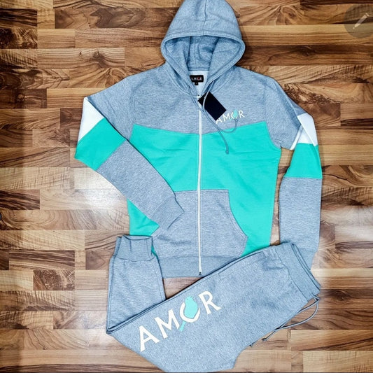 Amor Classic Zip Up Sweat Suit - Grey/Mint/White
